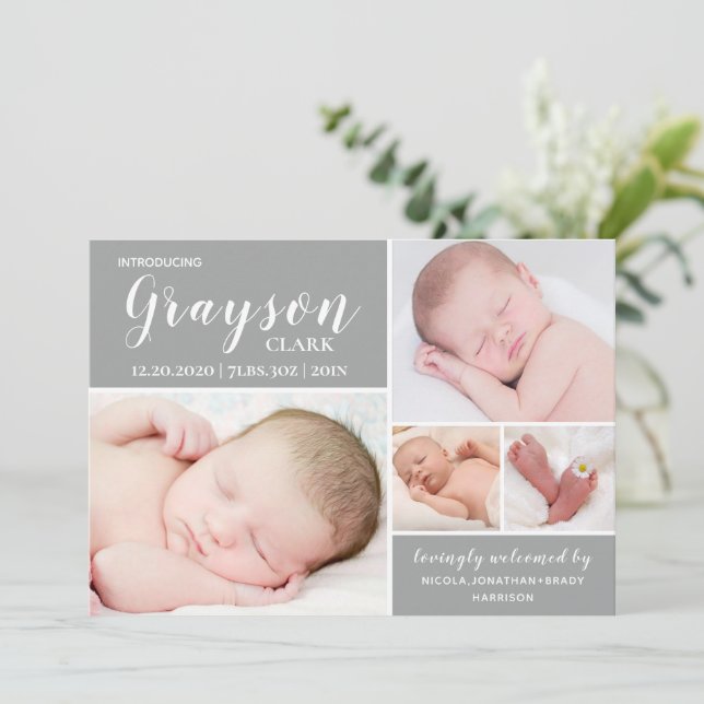 Anuncio Collage de fotos gris moderno Nacimiento bebé (Anverso de pie)