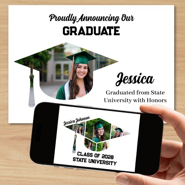 Anuncio Collage de fotos moderno de forma de cierre de gra (Fun Graduation Announcement with Photos in a Graduation Cap Shape Photo Collage)