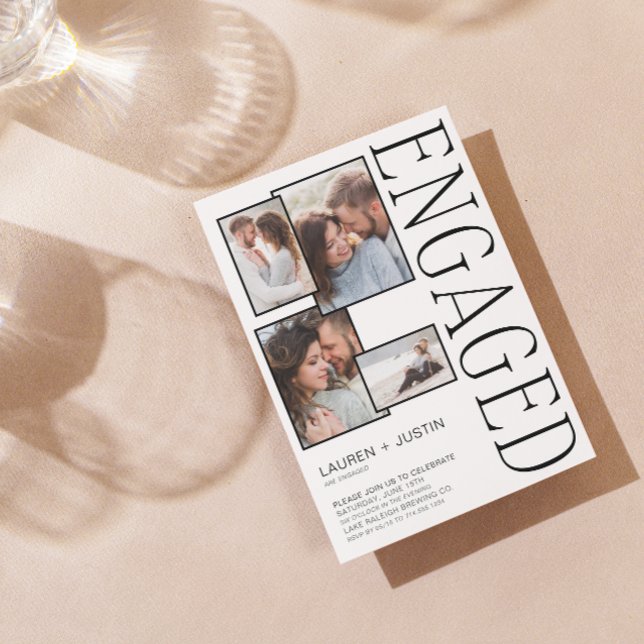 Anuncio Compromiso blanco negro moderno de 4 Collages de f (We're Engaged! Come Celebrate Our Love at Our Engagement Party. 🥂💍 [Your Details Here])