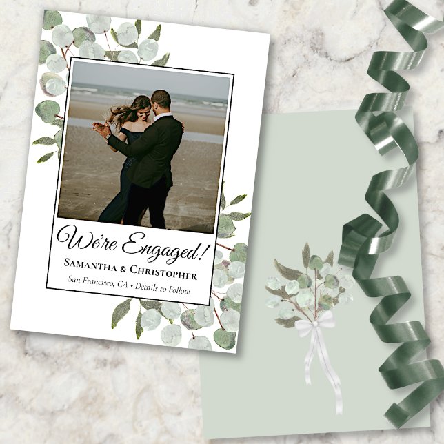 Anuncio Compromiso de Boda con Acuarela Rústica de Eucalip (Front and Back)