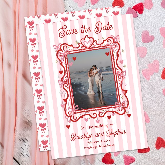 Anuncio Coquette Hearts & Bows Wedding Save the Date (Coquette Hearts and Bows Photo Wedding Save the Date Announcement - Print | Digital Download)