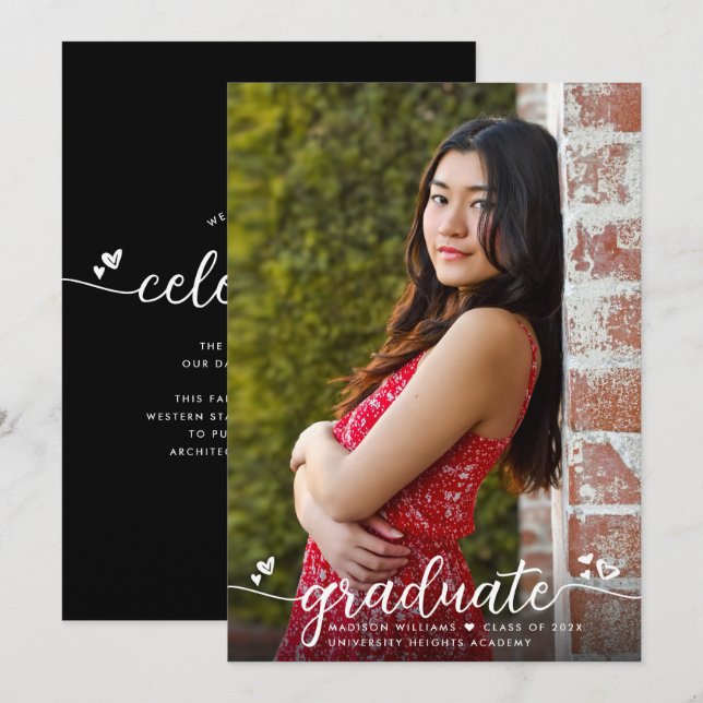 Anuncio Corazones de caligrafía moderna de foto de graduac (Anverso / Reverso)