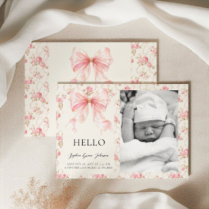 Anuncio Cottage Floral Hello Baby Foto con Lazo Rosa