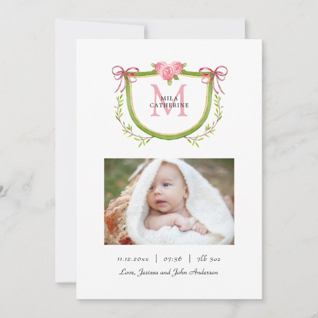 Anuncio Crest Floral Mono adorable con nacimiento de niña (Anverso)