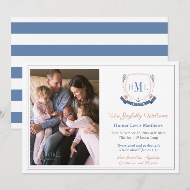 Anuncio Crustacean Monograma Foto Bebé Nacimiento (Anverso / Reverso)