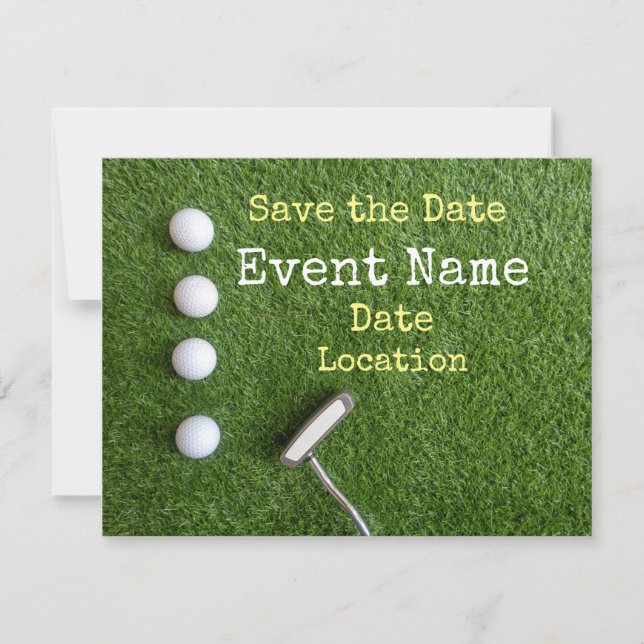 Anuncio Cuatro pelotas de golf con putter Save the Date An (Anverso)
