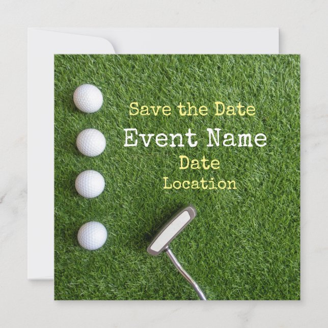 Anuncio Cuatro pelotas de golf con putter Save the Date on (Anverso)