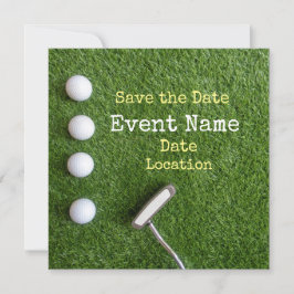 Anuncio Cuatro pelotas de golf con putter Save the Date on