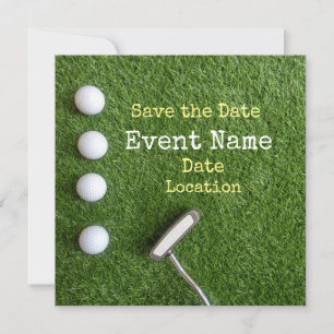 Anuncio Cuatro pelotas de golf con putter Save the Date on