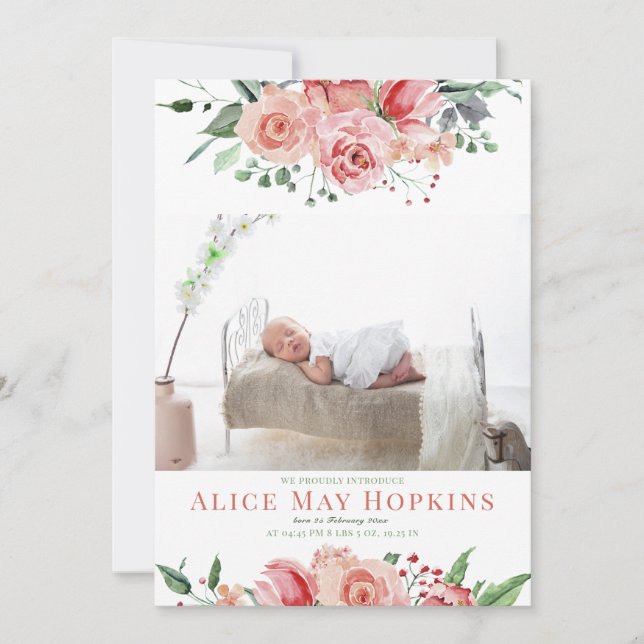 Anuncio Cumpleaños de niña con foto personalizada Rosa Flo (Anverso)