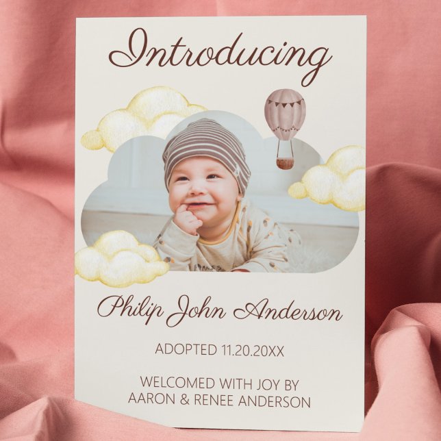 Anuncio Cute acuarela Nubes Foto Adopción (adoption announcement clouds cute watercolor photo hot air balloon adoptive child reveal sweet)