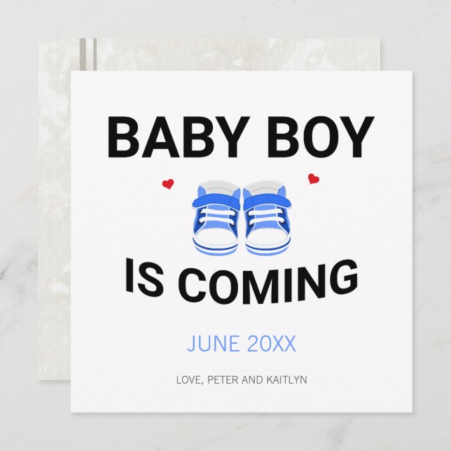 Anuncio Cute Baby Boy Shoes Coming Soon Blue Pregnancy (Anverso / Reverso)