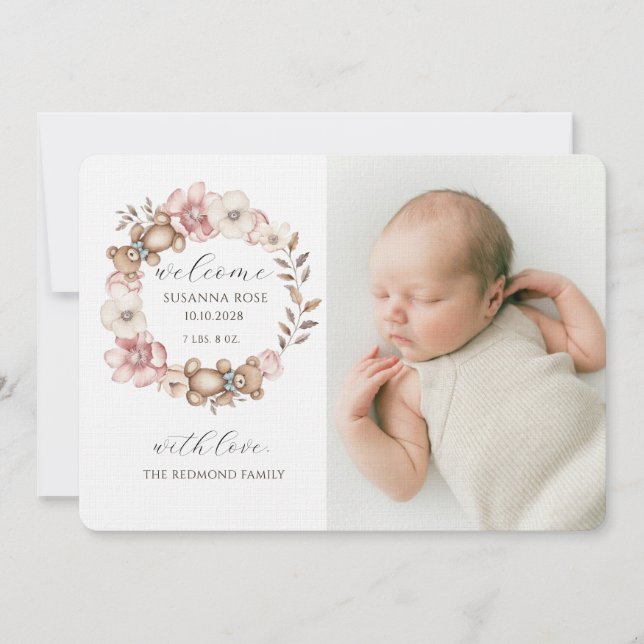 Anuncio Cute Baby Photo Teddy Bear Wreath Birth (Anverso)
