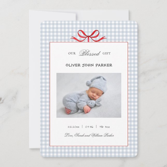 Anuncio Cute Blue gingham bebé Holiday Birth (Anverso)