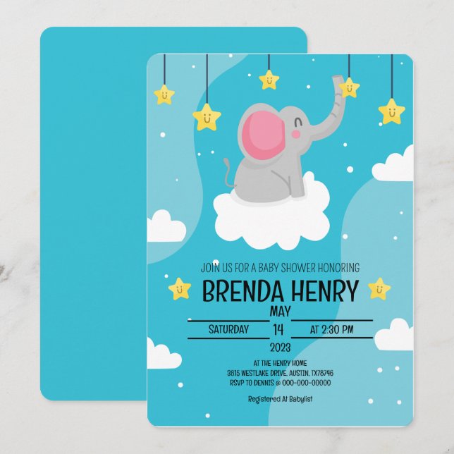 Anuncio Cute Elephant Watercolor Baby Shower (Anverso / Reverso)