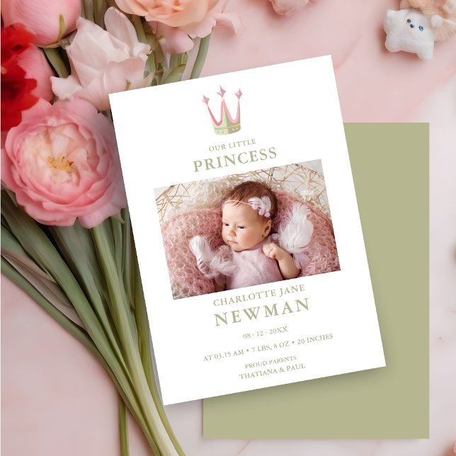 Anuncio Cute Green Pink Princess Crown Photo Baby Newborn (Cute Green & Pink Princess Crown Photo Baby Newborn Announcement Card with Envelope. )