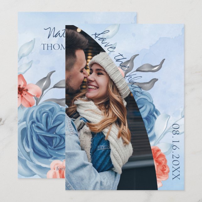 Anuncio Cute Peach Blue Floral Photo Wedding Guardar La Fe (Anverso / Reverso)