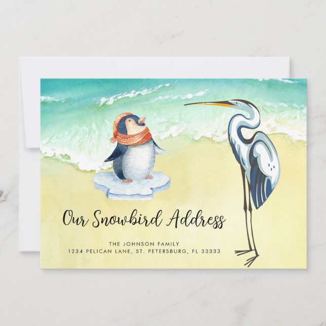 Anuncio Cute Penguin Blue Heron Beach Snowbird (Anverso)