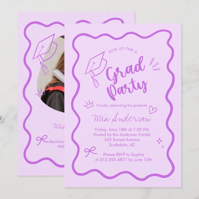 Anuncio Cute Trendy Pink Wavy Border Graduation Invitation (Anverso / Reverso)