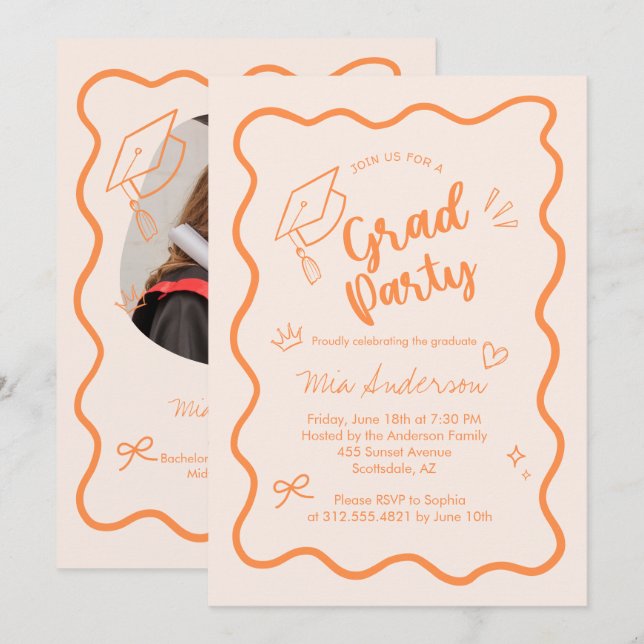 Anuncio Cute Trendy Pink Wavy Border Graduation Invitation (Anverso / Reverso)