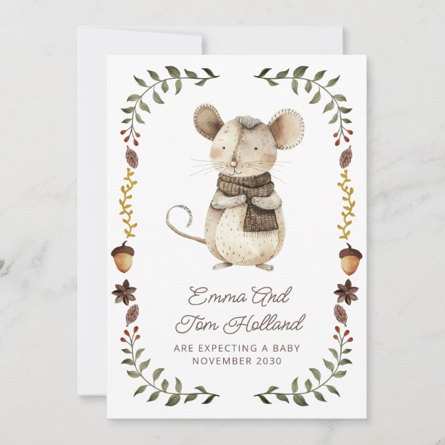 Anuncio Cute Watercolor Mouse Pregnancy Announcement (Anverso)