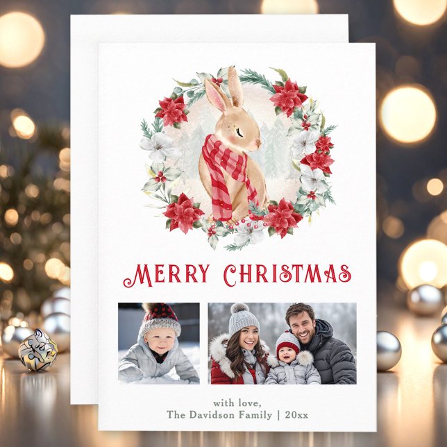 Anuncio Cute Winter Bunny Poinsettia Christmas Photo Card (Cute Winter Bunny Poinsettia Christmas Photo Card)