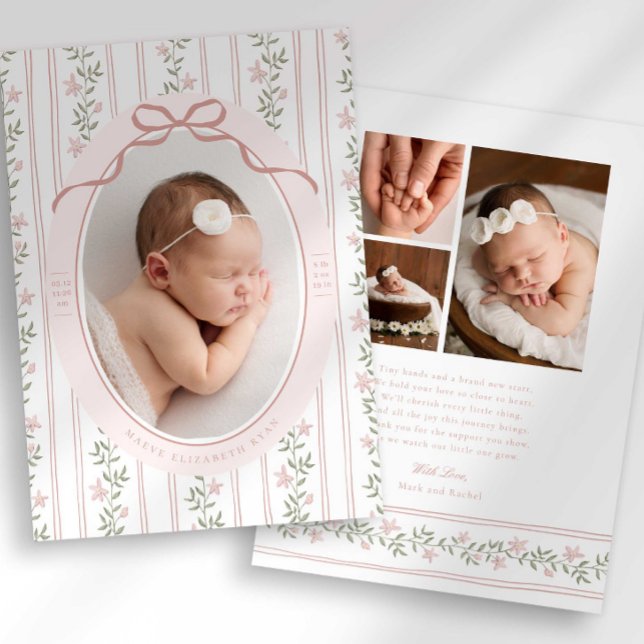 Anuncio Dainty Floral Bow Photo Birth Announcement (Subido por el creador)