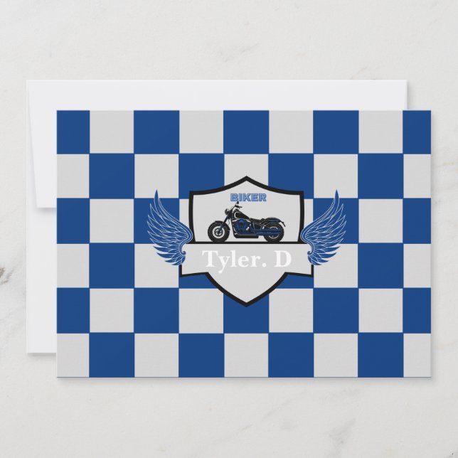 Anuncio damero azul y gris y motocicleta (Anverso)