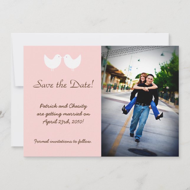 Anuncio de 5x7 2 Pájaros de Amor Foto Save the Dat (Anverso)