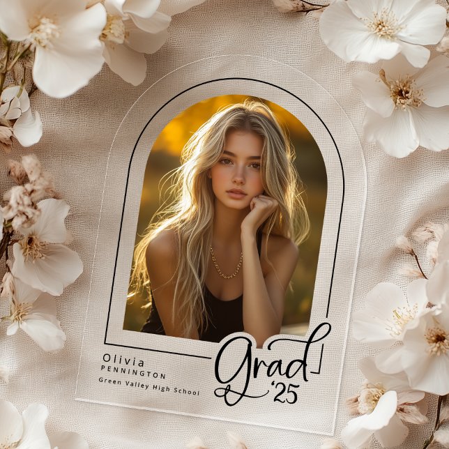 Anuncio de acrílico transparente con gradación de  (Shown on a 5" x 7" clear acrylic invitation with Arch Corner Style)