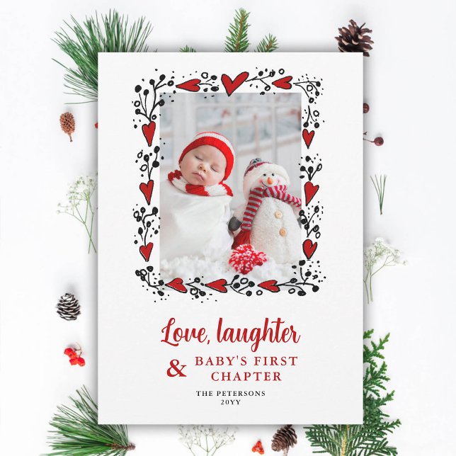 Anuncio de amor risa corazón vacaciones bebé (love laughter hearts frame holidays christmas baby announcement family photo card diy red black chic)