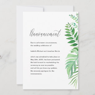Anuncio de aplazamiento de boda con hojas simples
