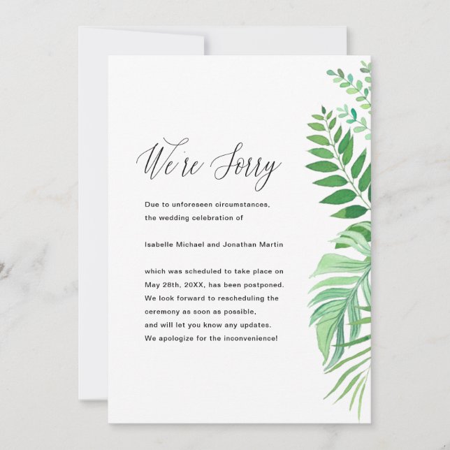 Anuncio de aplazamiento de boda con hojas simples (Anverso)