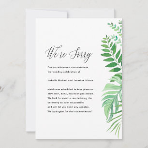 Anuncio de aplazamiento de boda con hojas simples