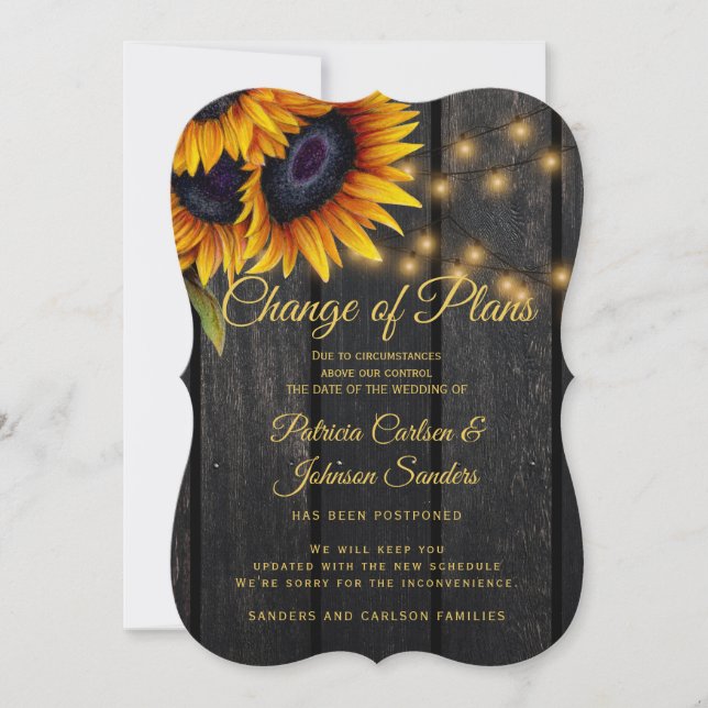 Anuncio de aplazamiento de boda de girasoles rústi (Anverso)