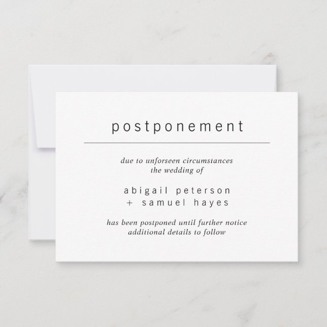 Anuncio de aplazamiento de boda minimalista (Anverso)
