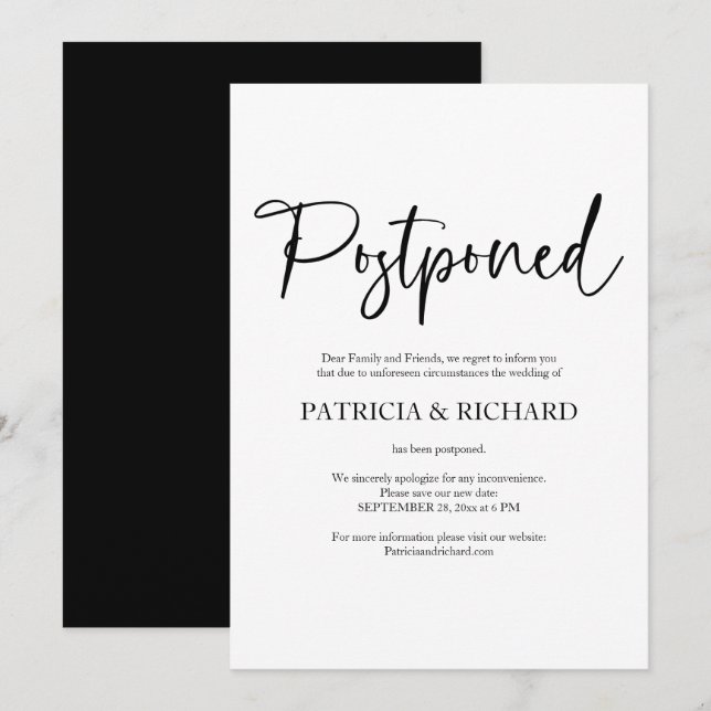Anuncio de aplazamiento de boda simple y elegante (Anverso / Reverso)