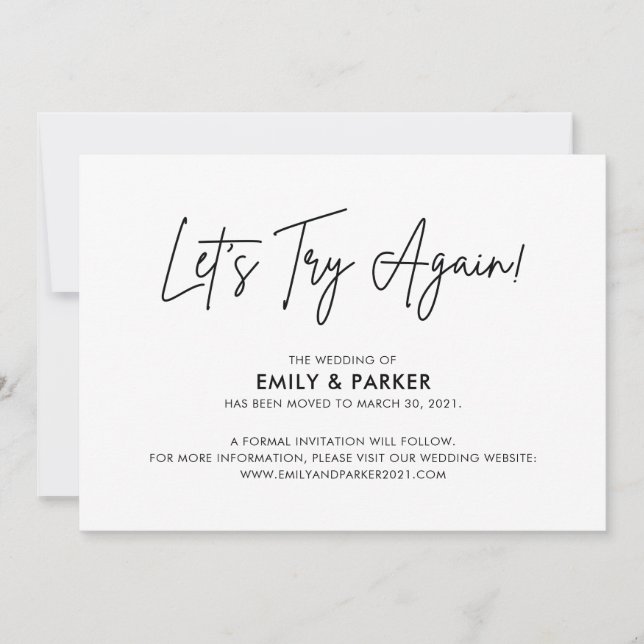 Anuncio de aplazamiento de la boda Let's Try Again (Anverso)
