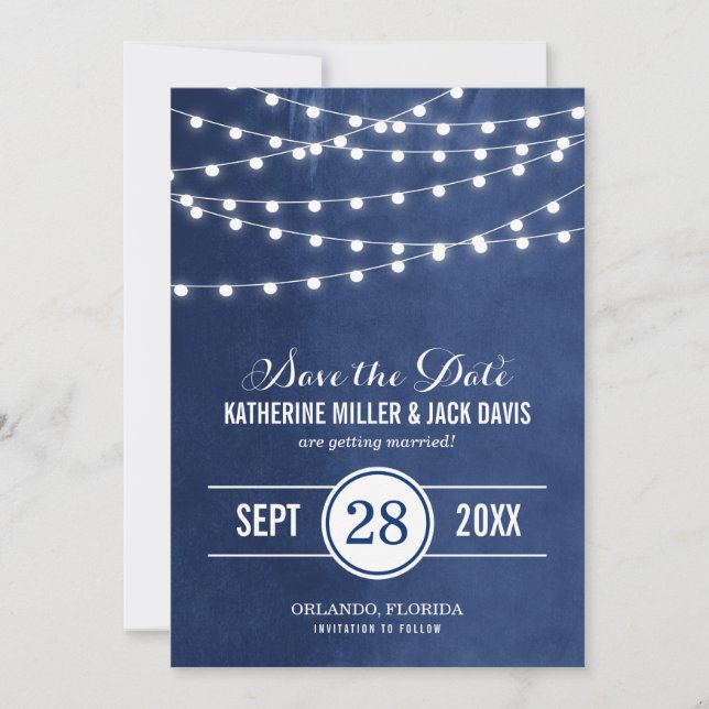 Anuncio de Aviso de Boda con Luces de Cuerda Azule (Anverso)
