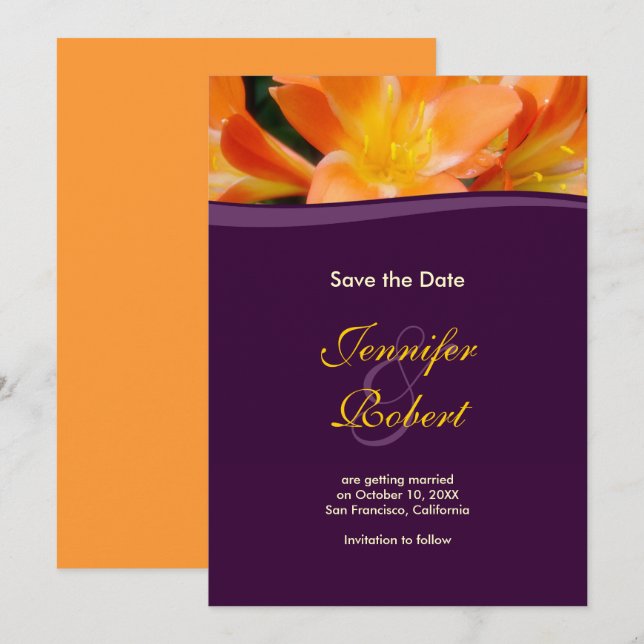 Anuncio de Aviso de Boda con Morado y Naranja (Anverso / Reverso)