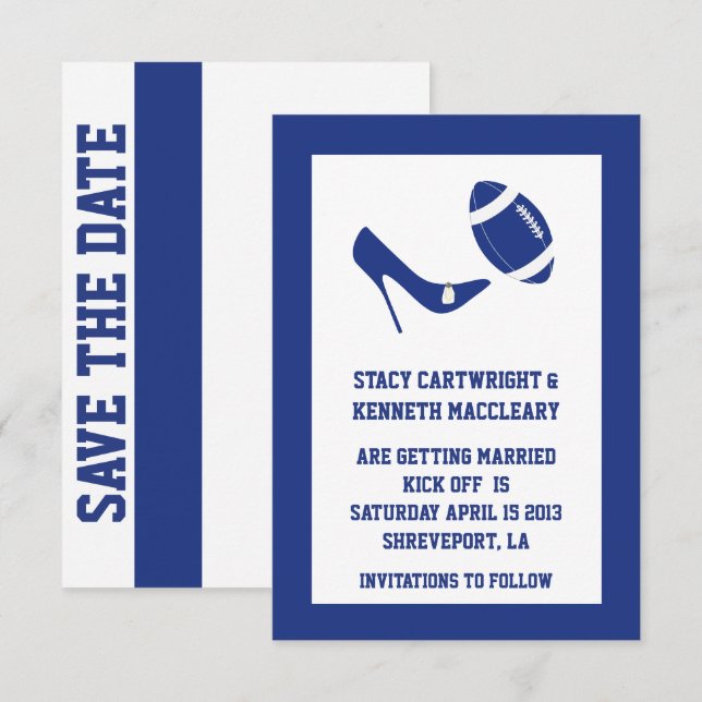 Anuncio de Aviso de Boda de Fútbol Azul Salvar la  (Anverso / Reverso)