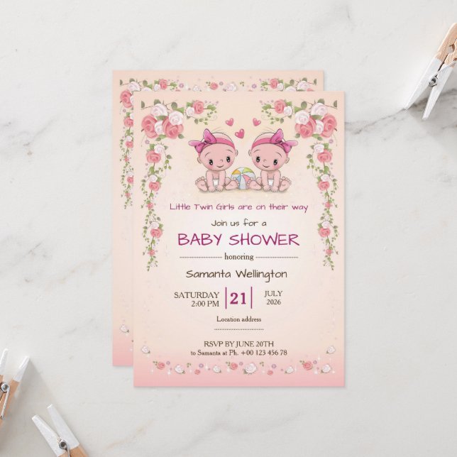 Anuncio de baby shower para Niñas GEMELAS (Anverso/Reverso In Situ)