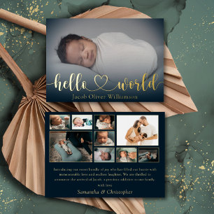 Anuncio de bebé collage de fotos Hello World Gold