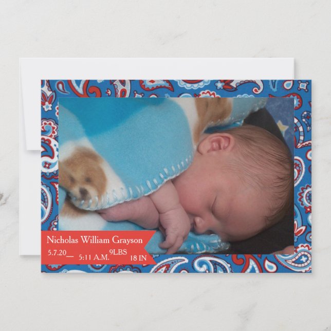 Anuncio de bebé de estampado paisley rojo y azul (Anverso)
