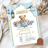 Anuncio de bebé oso islámico Aqeeqah con lazo azul