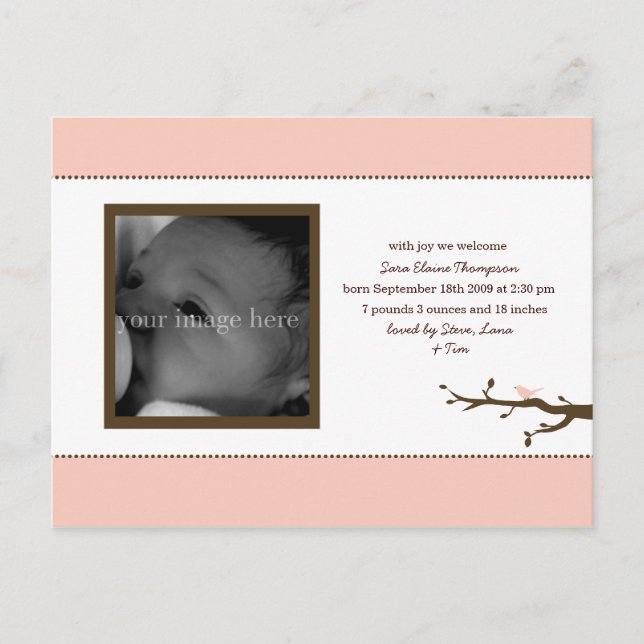 Anuncio de bebé pájaro rosa (Anverso)