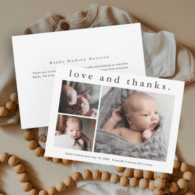 Anuncio de bebé Simple Amor y Gracias Agradecimien (Simple type love and thanks baby photo announcement thank you cards.)