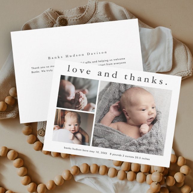 Anuncio de bebé Simple Amor y Gracias Tarjeta de a (Simple type love and thanks baby photo announcement thank you cards.)