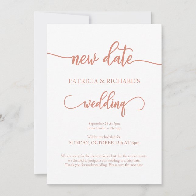 Anuncio de boda aplazada nueva fecha rosa oro (Anverso)