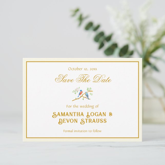 Anuncio de Boda Bluebirds Save The Date (Anverso de pie)